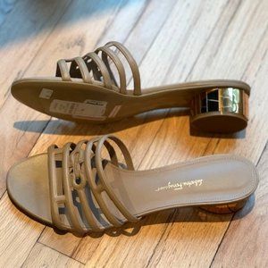 Ferragamo Mirrored Wedge Heel Sandals (size 10, cashew)